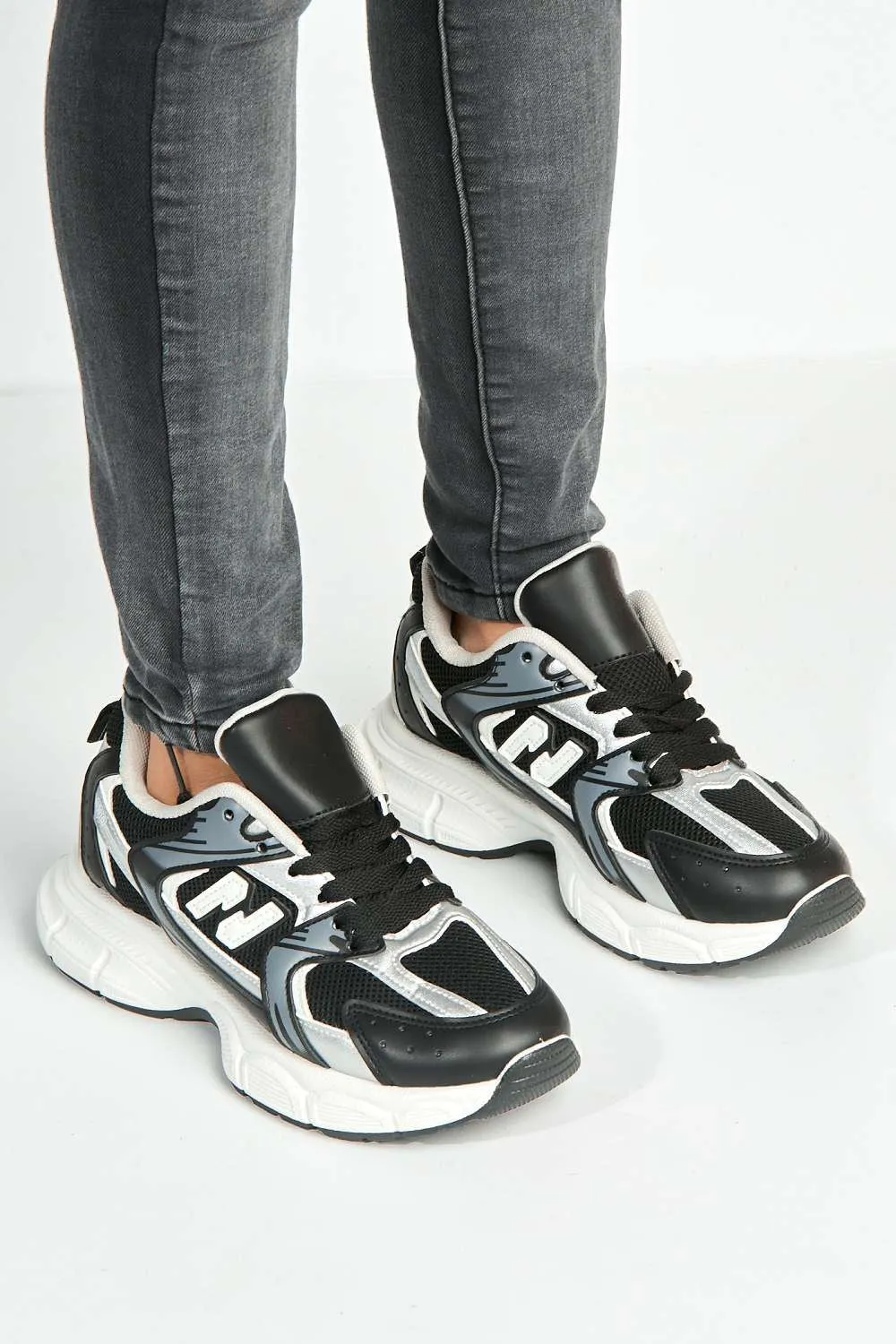 Nina Patterned Chunky Sole Trainers in Black