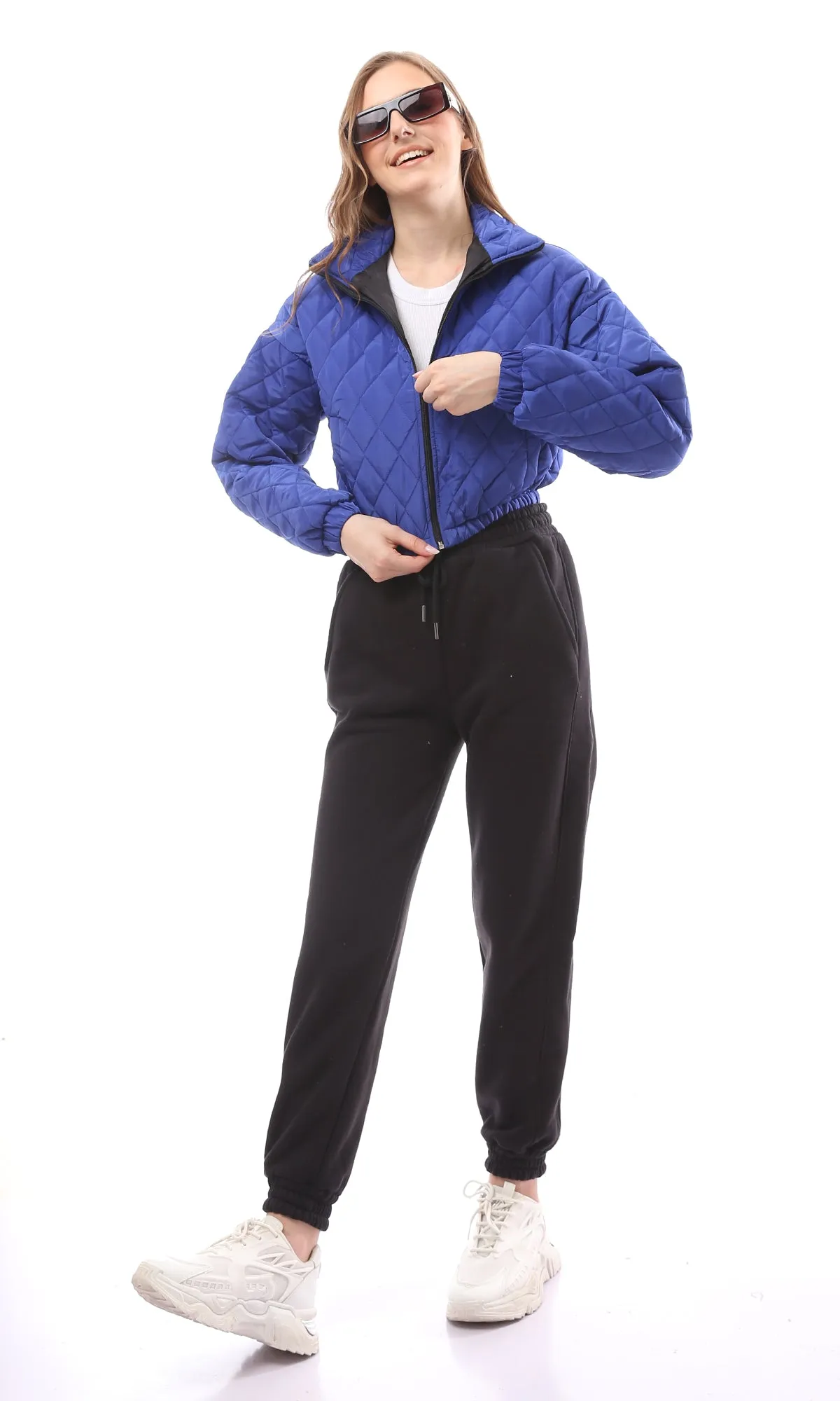 O170755 Long Sleeves Blue Quilted Cropped Jacket