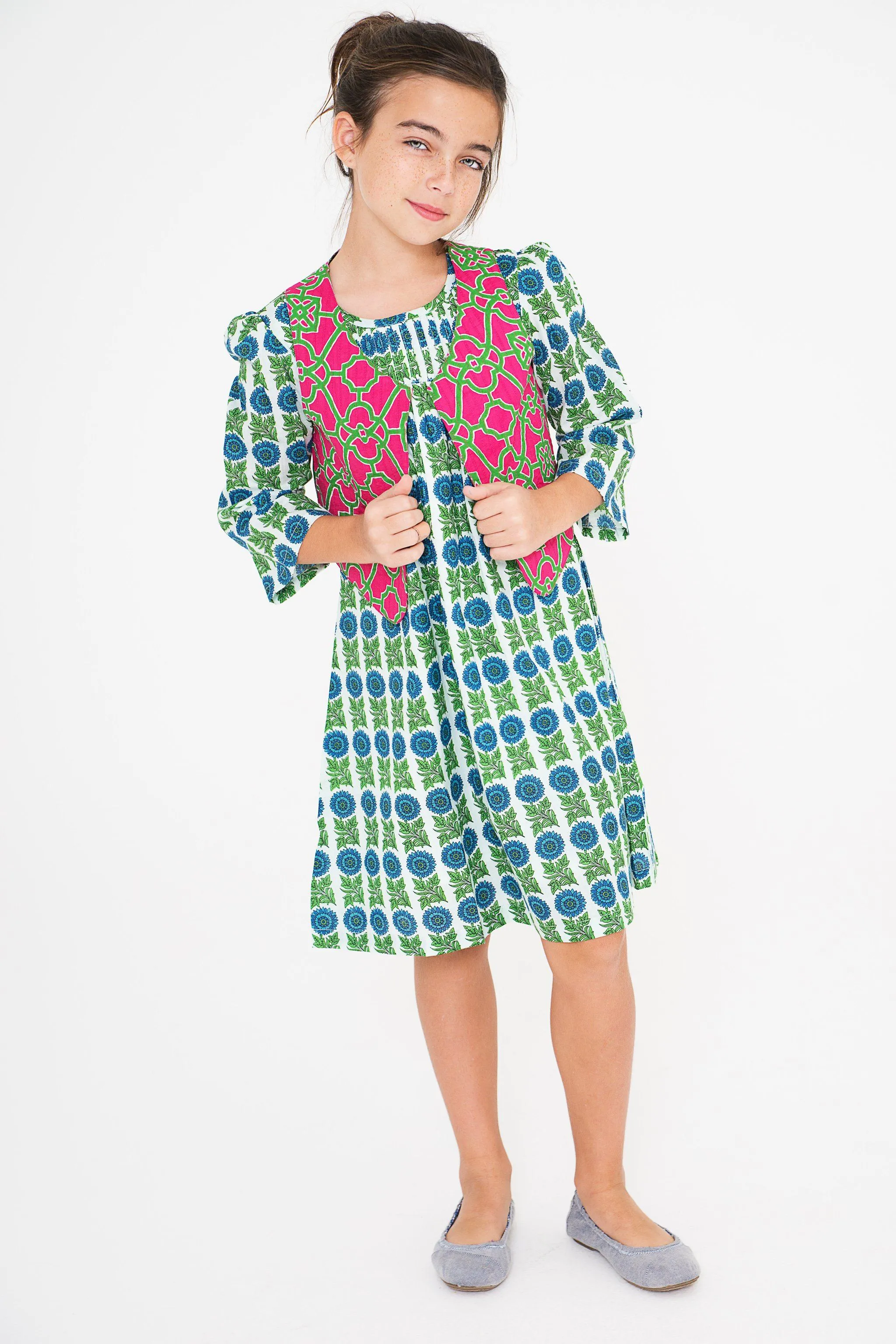 Pleated Floral dress & Quilted Abstract Vest - 2pc.Set