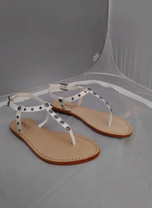 Schutz Shonna White Embellished T Strap Leather Flat Flip Flop Casual Sandals